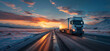 Panorama of delivery truck driving on road with beautiful sunset