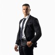 A sports management professional in a suit, with a dynamic and competitive edge. on a white background