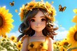 A cartoon girl wearing a sunflower crown stands in a field of sunflowers. Bees and butterflies are flying around her.