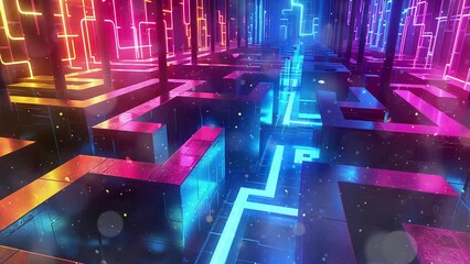 futuristic neon labyrinth expedition step. seamless looping overlay 4k virtual video animation background