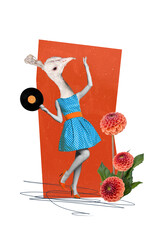 Sticker - Vertical creative illustration photo collage of funny funky headless girl dancing hand hold vintage record isolated painting background