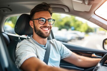 Wall Mural - Handsome young man is driving a car and smiling driving a car with a clear view of the city through the window. showcasing safe driving with a seatbelt