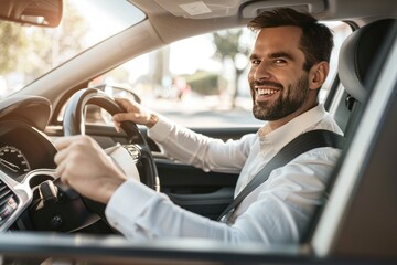 Wall Mural - Handsome young man is driving a car and smiling driving a car with a clear view of the city through the window. showcasing safe driving with a seatbelt