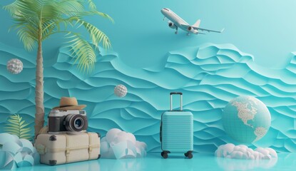 A blue suitcase with a pink and white airplane on top of it, 3D render of travel elements suitcase and hat, camera with map background, plane flying in the sky.