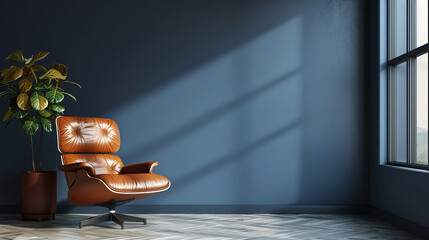 Poster - living room with leather armchair on empty dark blue wall background