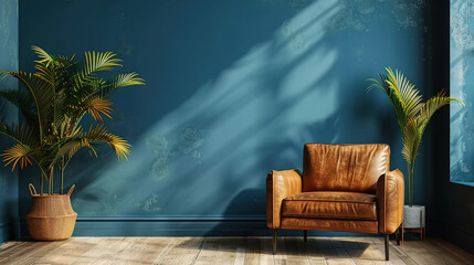 Poster - living room with leather armchair on empty dark blue wall background