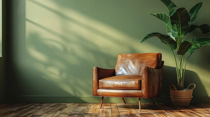 Poster - living room with leather armchair on empty olive green wall background