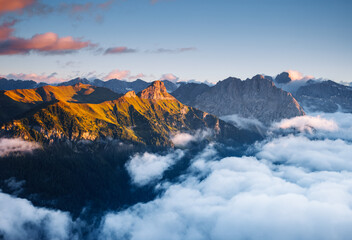 A magical drone view of the Val di Fassa valley. Italian Alps, Dolomites, South Tyrol, Europe.