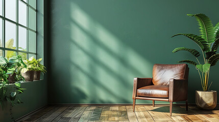 Poster - living room with leather armchair on empty olive green wall background