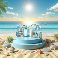 A beach-themed podium with a summer backdrop, featuring sand, sea, and cosmetics on display. The scene includes a clear blue sky, a presentation platform surrounded by nature, a blue pedestal, and bea