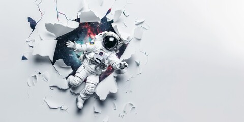 astronaut in space suit emerging from torn paper into a cosmic scene. astronaut breaking through pap