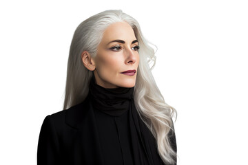 Wall Mural - Non-binary person with long white hair wearing a black evening dress,Isolated on a transparent background.