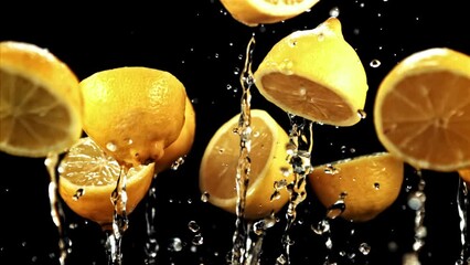 Sticker - Super slow motion pieces of lemons with water fly up and fall down. High quality FullHD footage