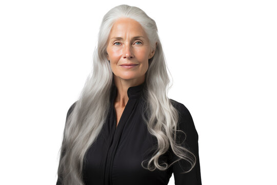 Non-binary person with long white hair wearing a black evening dress,Isolated on a transparent background.