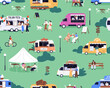 Outdoor festival with street food trucks, seamless pattern. Summer holiday, cafe vans in park, endless background design with tiny people and caravans. Flat vector illustration for fabric, wallpaper