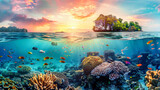Fototapeta Do akwarium - A shot underwater showcasing a vibrant coral reef with an island visible in the distance