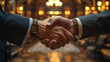 Close-up shot of a businessman's hand meeting the hand of his attorney in a strong, confident handshake, solidifying their commitment to a crucial contract