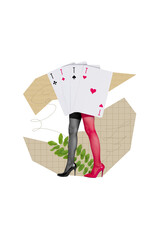 Poster - Vertical collage image of slim great shape women legs poker ace cards instead body plant leaves isolated on beige background