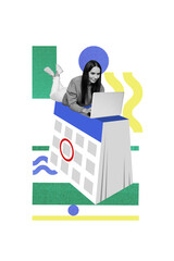 Aufkleber - Vertical creative photo 3d collage of optimistic beautiful girl on remote distance work typing email isolated on drawing background
