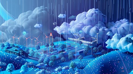 Poster - A digital art concept of a futuristic cityscape under rainfall, illuminated by neon lights and dotted with wind turbines.

