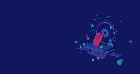 Poster - Pink computer mouse symbol on a pedestal of abstract geometric shapes floating in the air. Abstract concept art with flying shapes on the right. 3d illustration on indigo background