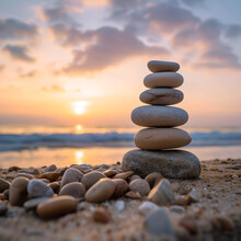 Balanced Pebble Pyramid Silhouette On The Beach With The Ocean In The Background, Zen Stones On The Sea Beach, Meditation, Spa, Harmony, Calmness, Balance Concept