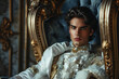 © ALL YOU NEED studio - attractive masculine dark hair, blue eyes young man, he is  prince or king  with sensitive gaze, wearing crown, sitting on the throne, fictional character, romantic, fantasy historical book