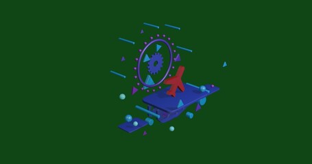 Poster - red plane symbol on a pedestal of abstract geometric shapes floating in the air. abstract concept ar