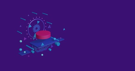 Poster - Pink hockey puck on a pedestal of abstract geometric shapes floating in the air. Abstract concept art with flying shapes on the left. 3d illustration on deep purple background
