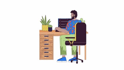 Poster - Black office employee at computer line 2D character animation. Working in office flat color cartoon 4K video, alpha channel. Bearded man at workplace animated person on white background