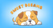 Vector cartoon cute little sleeping red puppy. Calm purebred domestic doggy. Pet. Sweet dreams. Blue background.