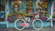 An old antique bicycle decorated with colorful flowers and a basket filled with souvenirs for Mom. in front of the shop. AI generated