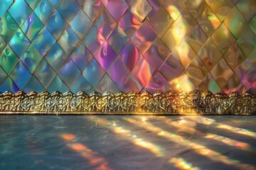 Wall Mural - A luxurious gold and silver geometric border adorning just the bottom edge of an image, contrasted with a vibrant foil rainbow background.