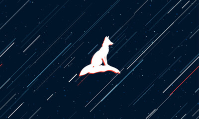 Wall Mural - Large white fox symbol framed in red in the center. The effect of flying through the stars. Vector illustration on a dark blue background with stars and slanted lines