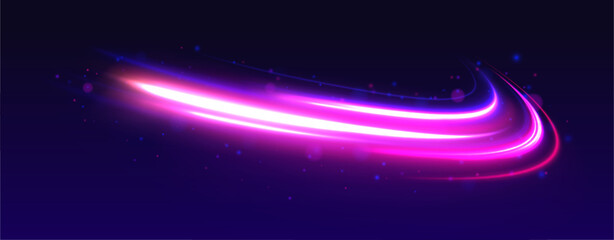 Poster - Neon line as speed or arc, turn, twist, bend in light effect. Expressway in long delay, with car lights at night on autobahn. Vector glitter light fire flare trace.	