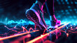 © Alina Tymofieieva - Close-up of shoes for sports and fitness on a dark background with neon lines. Sneakers and graphics for training, exercise and balance. Sports concept. Active lifestyle.