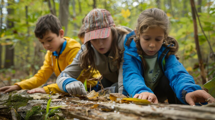 Students learning outdoors in forest, hands-on activities such as environmental science experiments, benefits of outdoor education in fostering connection to natural world and experiential learning