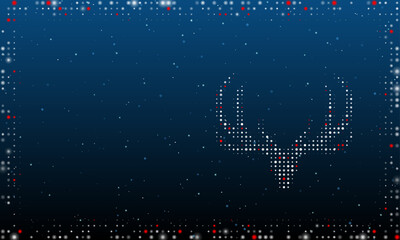 Poster - On the right is the deer horns symbol filled with white dots. Pointillism style. Abstract futuristic frame of dots and circles. Some dots is red. Vector illustration on blue background with stars