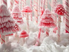 Minimalist Whimsical Forest Filled With Licorice Trees And Candy Mushrooms.