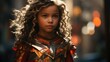 Young african american girl in superhero costume in city