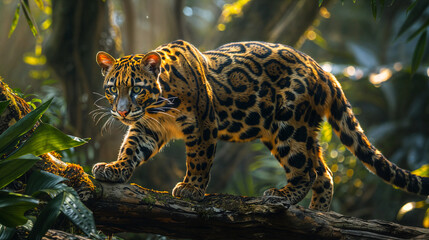 Clouded leopard is standing on a tree branch in the rainforest