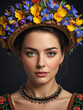 pretty woman wearing a hat with colorful flowers