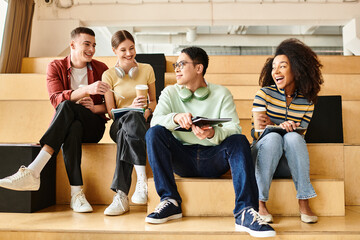 Wall Mural - Multicultural students of various backgrounds gather on steps, engaged in conversation and sharing stories