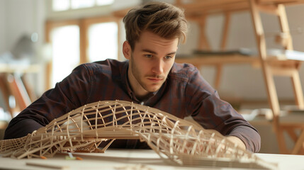 Thoughtful Young Architect Contemplating Model Bridge Design