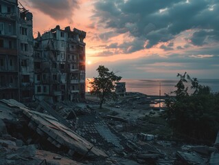 Wall Mural - ruins of houses at sunset on the seashore