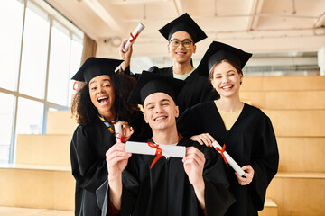 Wall Mural - A group of students from different backgrounds, donning graduation gowns and caps, joyfully posing for a commemorative celebration.