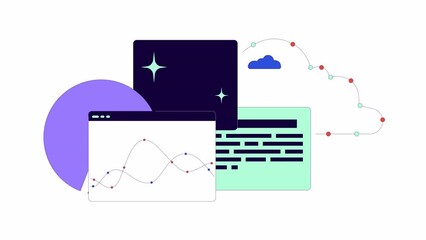 Poster - Analytics project management line 2D object animation. Data analysis cloud storage flat color cartoon 4K video, alpha channel. Digital files, graphs charts animated item on white background