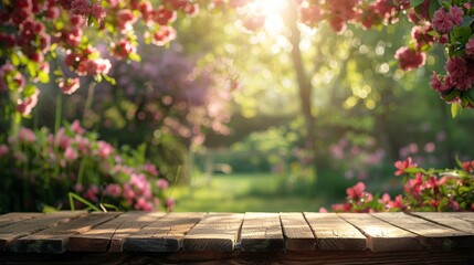Wall Mural - A wooden table with a cup of coffee and a vase of flowers