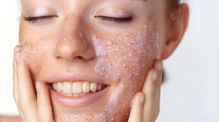 Wall Mural - Young woman applying natural scrub on her face against white background, closeup