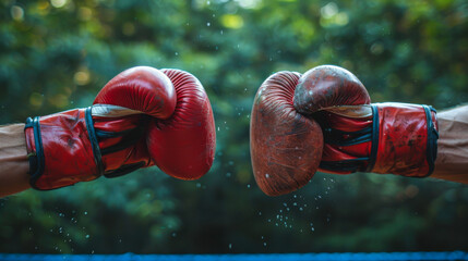 Close-up of two male hands in boxing gloves. Sports confrontation. Sports concept, activity.